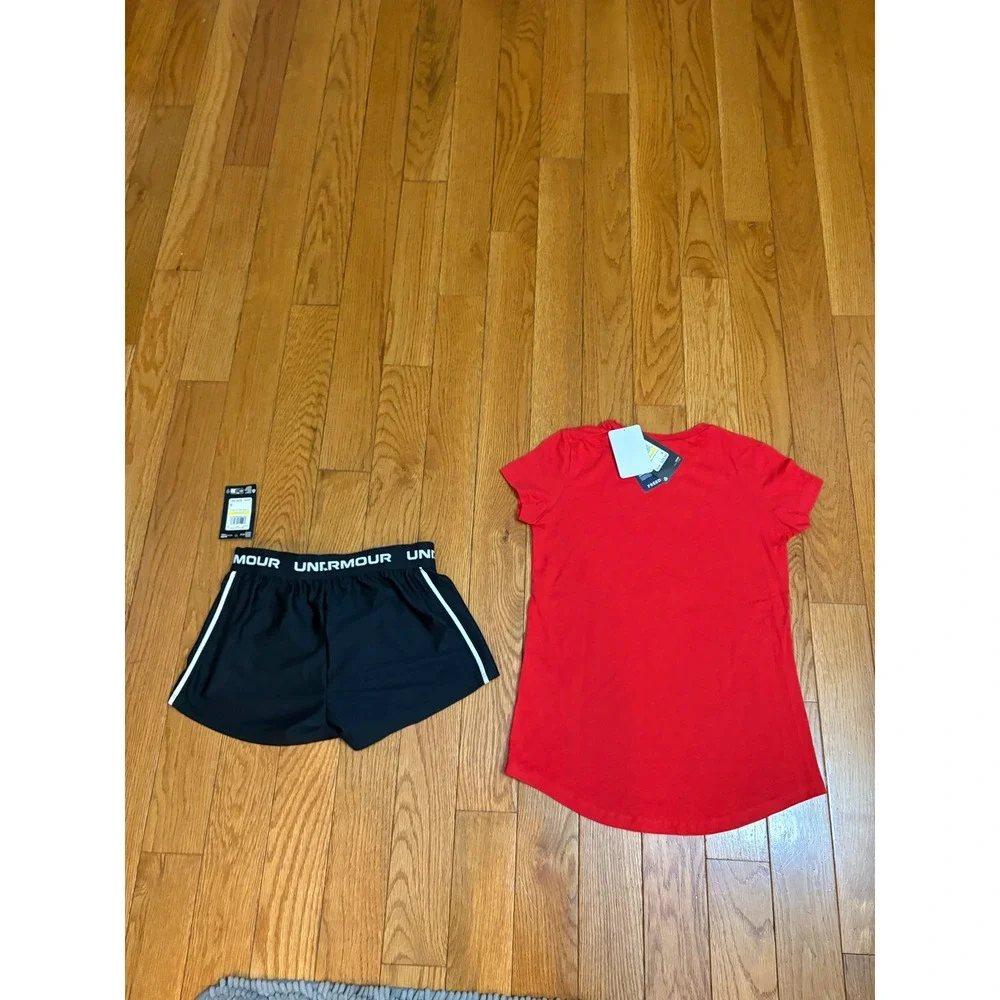 New Under Armour Girls Red Freedom Softball Tee Black Play Up Shorts Set Medium